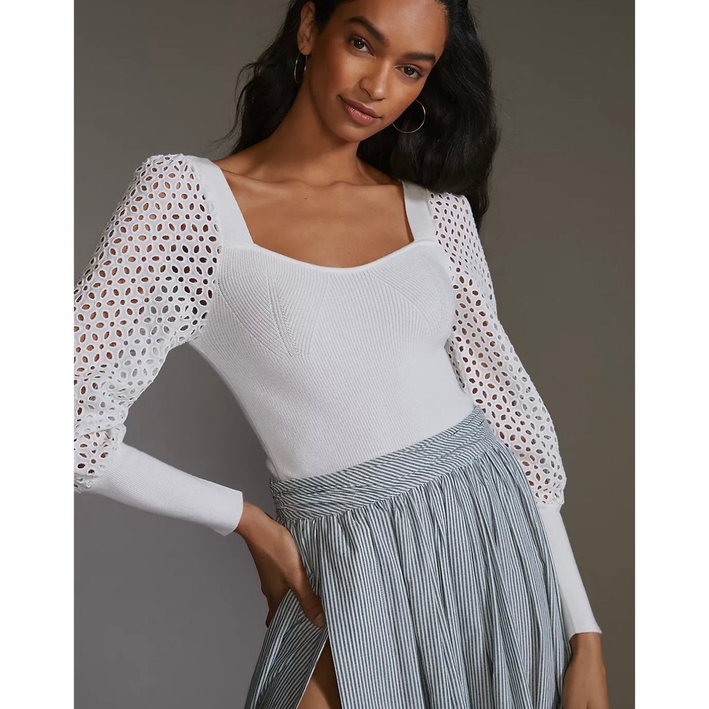 Anthropologie White Ribbed Eyelet Balloon Sleeve Sweetheart Neck Sweater Top M